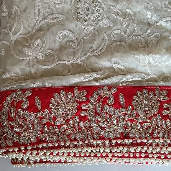 White and red net saree - Picture 4 of 9